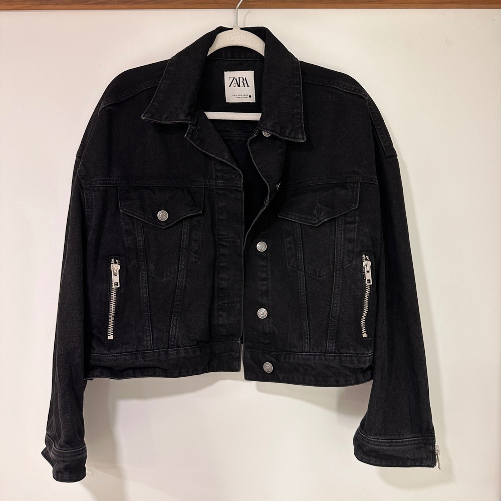 Zara Cropped Denim Jacket‎ Women Size S Black Zipper Moto | Edgy Grunge